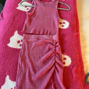 Pink Ribbed Tank Top and Skirt Set